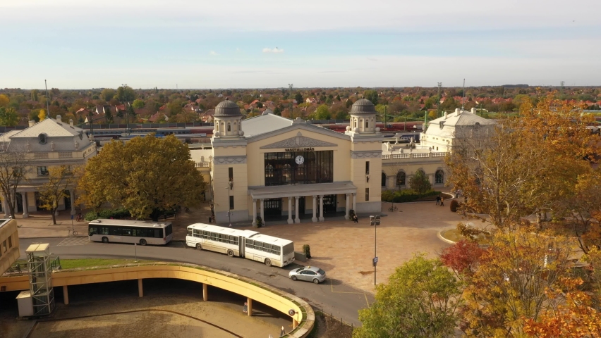 Drone footage over Bekescsaba railway station, Hungary