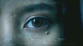 Futuristic biometric retina recognition algorithm technology scanning a young teenager's pupil with invisible infrared light to pick up unique patterns in the iris for personal authentication - Powered by Shutterstock - Get 15% off with code: PIKWIZARD15