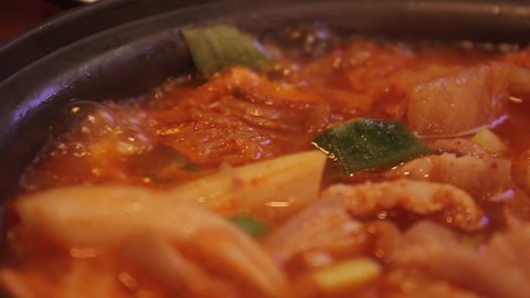 Kimchi Boiling and Bubbling in Pot in Seoul South Korea