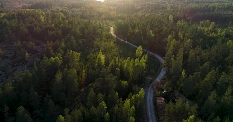 Aerial over a winding forest road in Finland, during sunset - descending, drone shot