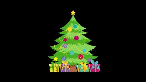 Christmas Tree with presents appears With Balls, Stars and Lights cartoon vector animation. Green Christmas tree motion graphics with black transparent background. 