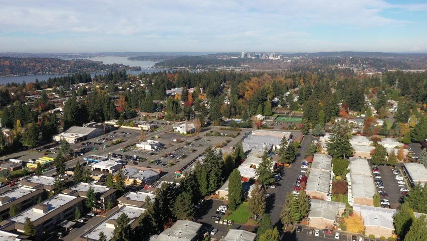 Aerial / drone footage of Newport, Newport Hills, Newport Shores, Lake Heights, Somerset, Bellevue, Norwood Village near Seattle, King County, Washington
