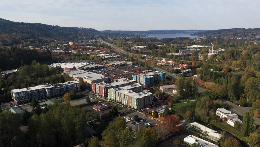 Birdseye view of Issaquah, Olde Town, Montreaux, Tibbetts Creek Valley, Cougar Mountain, the I-90 highway, commercial area, Lake Sammamish and surrounding suburbs in King County, Washington