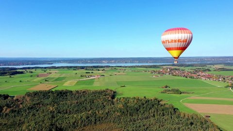 GERMANY; STRANBERG, 2019 JUY, 20, Aerial view, hot air balloon ride, in the back Lake Starnberg, Upper Bavaria, Bavaria, Germany,