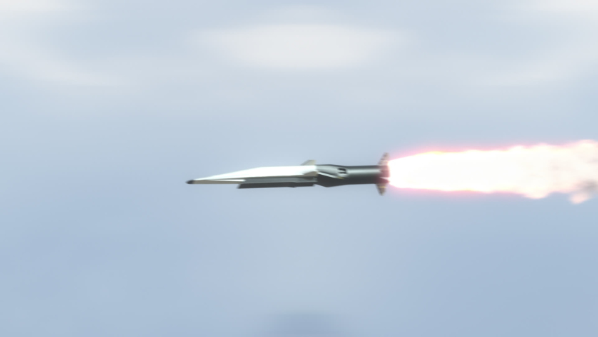 Hypersonic Missile flying in the clouds. High Quality footage, ProRes 4444 codec, 25 FPS.