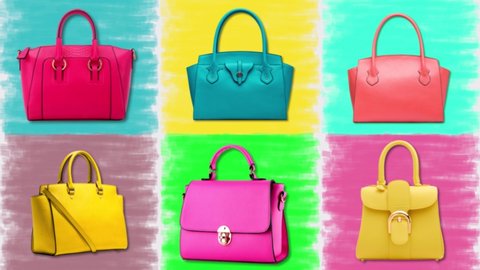 4K Colorfull woman bags. 2D animation. Shopping video.