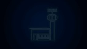 Glowing neon line Airport control tower icon isolated on black background. 4K Video motion graphic animation.