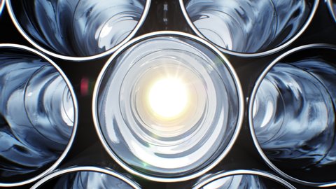 Beautiful Metal Pipes in Rows with Reflections and Sun Flares Inside Seamless. Reflective Steel Tubes Warehouse Looped 3d Animation. Pipes at Metal Factory. Alpha Green Screen. 4k Ultra HD 3840x2160.