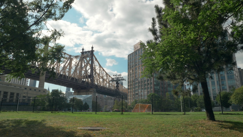 Wide, low angle, Ed Koch Queensboro Bridge on a sunny day, New York, USA