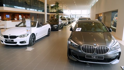 Amsterdam, Netherlands, October 2020. Showroom at BMW dealership. 
