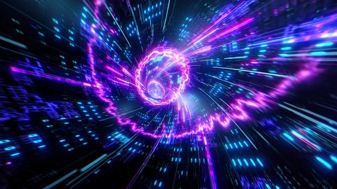 Flying through fast digital lights and dots, neon glowing rays into futuristic and technologic tunnel, 4k seamless loop cg animation. 3D animation