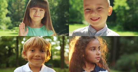 Compilation of cute little boys and girls on sunny day outdoors. Collage of different Caucasian kids standing and waving hands. Portrait of pretty small kid smiling to camera. Childhood concept