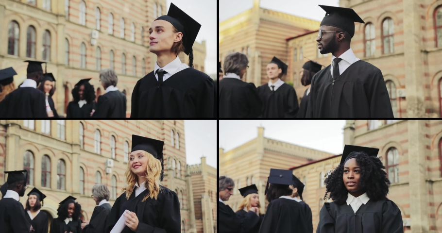 Collage of diverse cheerful multiethnic male and female graduates outdoors. Multiscreen on happy boys and girls on graduation day. Joyful mixed-races students with diplomas. Education concept