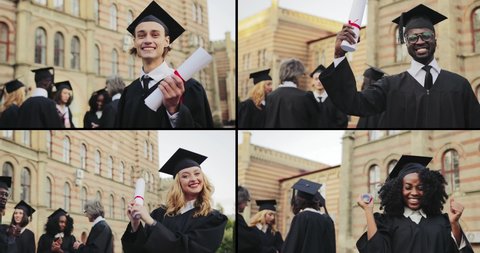 Collage of diverse cheerful multiethnic male and female graduates outdoors. Multiscreen on happy boys and girls on graduation day. Joyful mixed-races students with diplomas. Education concept