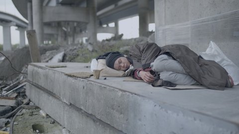 Woman in need sleeping on the cartoon, homeless migrant under the bridge, crisis