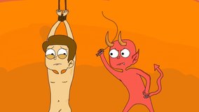 animated video cartoon of a man flogged by a demon in hell