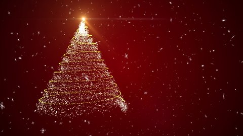 Merry Christmas Tree Glow Animation snowflakes on Red Background 3d render.