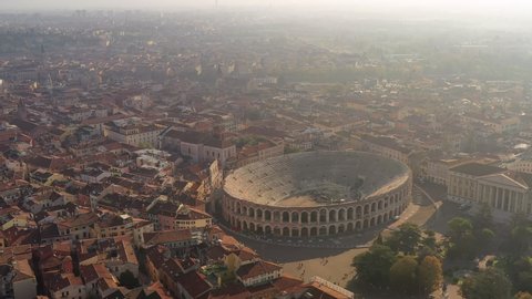 Verona, Italy: Aerial view of Verona Arena, well-preserved Roman amphitheater in historic center of city - landscape panorama of Europe from above