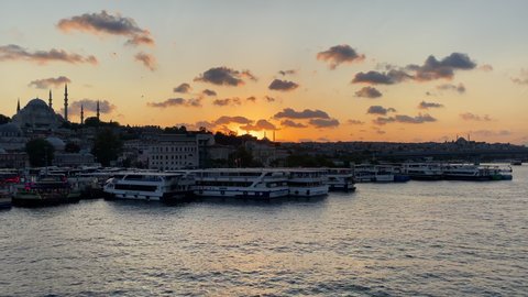 Istanbul Establisher at Bosphorus Riverside in Beautiful Golden Hour Sunset Light with Boats on Water and Birds Flying by, Static, ISTANBUL, TURKEY, SEPTEMBER 16th 2020