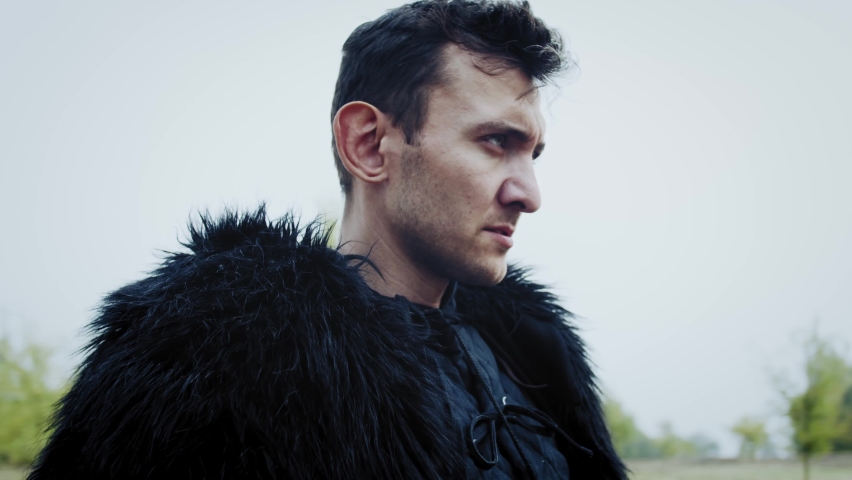 Concentrated medieval warrior is standing on the battlefield in the forest, 4k
