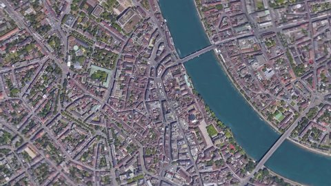 Zoom in from space and focus on Basel Switzerland. 3D Animation. Background for travel intro. 