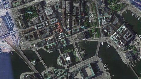 Zoom in from space and focus on Stockholm Sweden. 3D Animation. Background for travel intro. 