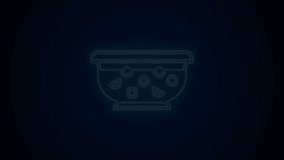 Glowing neon line Mixed punch with fresh fruits in bowl icon isolated on black background. 4K Video motion graphic animation.