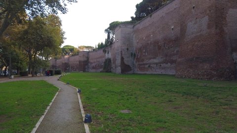 Aurelian Walls located in Rome close to viale metronio. The city walls of the capital of Italy have been built between 271 AD and 275 AD. dolly motion.