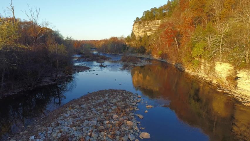 Aerial shot over Elkhorn Creek beautiful reflection in the water