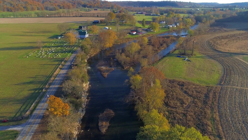 Aerial flyover of Elkhorn Creek in fall