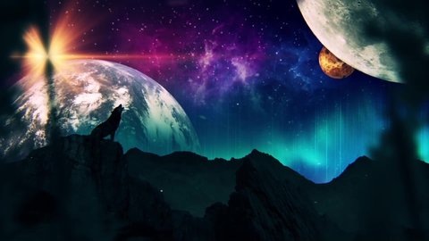 An abstract motion background with a deserted wolf howling feelings of lostness from a rocky meteor floating by large celestial bodies such as the Earth and Moon in a mysterious alternate universe.