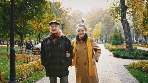 Happy couple, grandparents in elegant outerwear are talking and smiling during romantic walk in the park. Elderly wife holding hand of her husband. Relationship, tracking shot. Sunny day, autumn