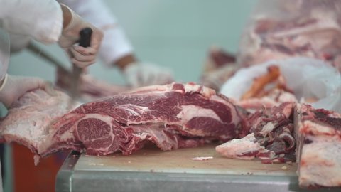 Meat industry, butcher cut raw meat with a knife at table in the slaughterhouse, Wagyu Beef