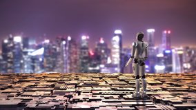3d rendering android robot with cityscape background 4k footage