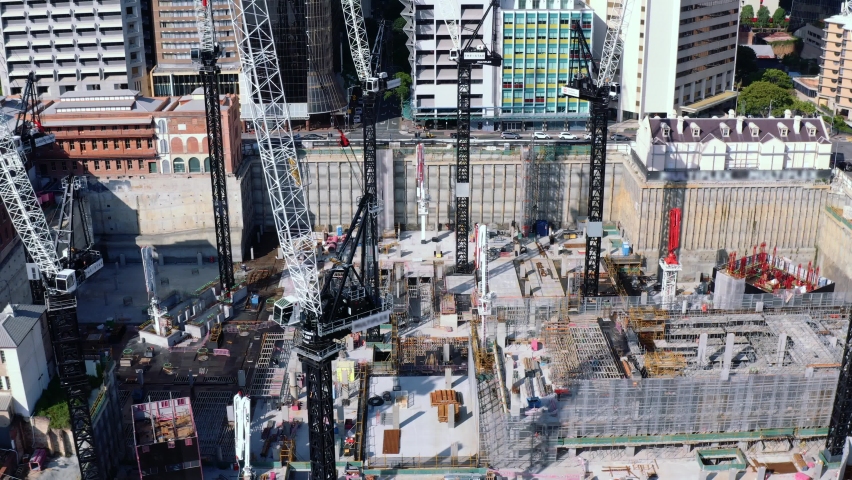 Queen's Wharf construction site, high cranes building underground floors in Brisbane CBD, QLD Australia