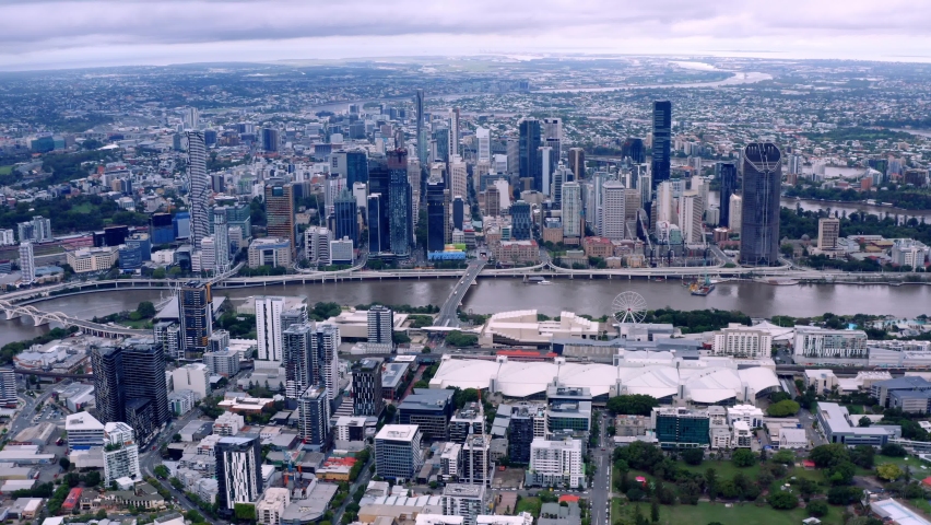 Aerial view of entire Brisbane city on a cloudy day. QLD, Australia.