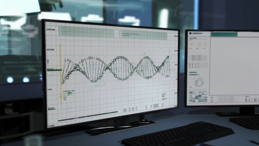 Two computer screens. White medical room. The structural analysis of the DNA string on the main screen. 3D Render on the second monitor. Medical Research. Computer User Interface. Data processing.  Royalty-Free Stock Footage #1062379330