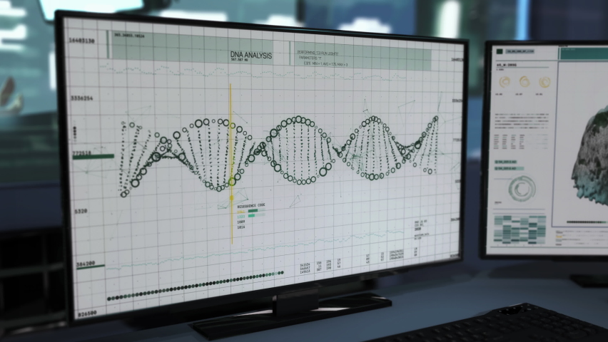 Two computer screens. White medical room. The structural analysis of the DNA string on the main screen. 3D Render on the second monitor. Medical Research. Computer User Interface. Data processing.  | Shutterstock HD Video #1062379330