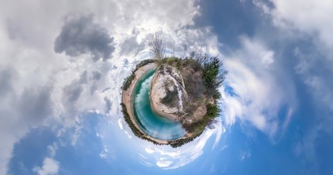 Curvature of space of tiny planet transformation. Abstract torsion and spinning of full flyby panorama landscape near lake with awesome clouds. loop rotate