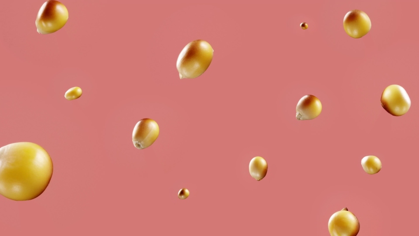 Lots of corn kernels popping one by one on coral pink background while camera is slowly moving into the frame center. Popcorn hanging in the air. Snack making  | Shutterstock HD Video #1062386086