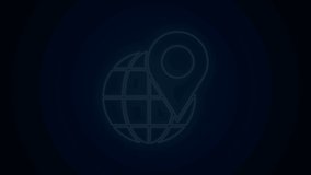 Glowing neon line Location on the globe icon isolated on black background. World or Earth sign. 4K Video motion graphic animation.