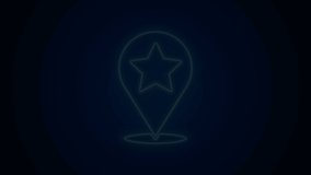 Glowing neon line Map pointer with star icon isolated on black background. Star favorite pin map icon. Map markers. 4K Video motion graphic animation.