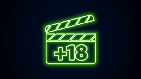 Glowing neon line Movie clapper with 18 plus content icon isolated on black background. Age restriction symbol. Adult channel. 4K Video motion graphic animation.