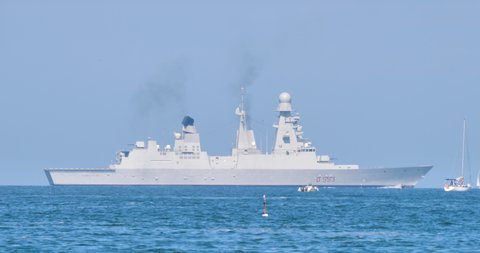 Modern Military Ship of Italian Navy (NATO) Side View. Andrea Doria is a Destroyer Frigate Battleship of Class Orizzonte. Punta Marina 23 June 2019.