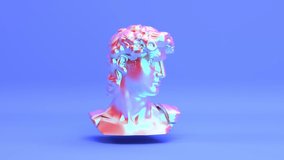 Rotating iridescent shiny metallic michelangelo david head statue seamless looping animated background, holographic bright neon antique greek bust sculpture in modern style, 3d render animation.