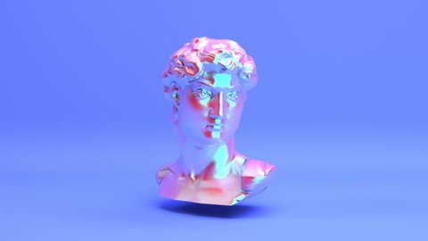 Rotating iridescent shiny metallic michelangelo david head statue seamless looping animated background, holographic bright neon antique greek bust sculpture in modern style, 3d render animation.