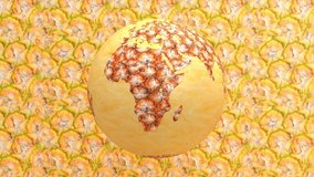 Tropical exotic yellow fresh sweet juicy pineapple fruit abstract art background, ripe hawaiian tasty ananas seamless looping 3d render animation, rotating earth planet and world globe concept