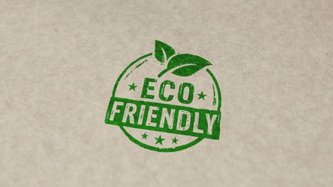 Eco friendly stamp and hand stamping impact animation. Sustainable economy, green, environment, ecology, organic, healthy food and natural life style 3D rendered concept.