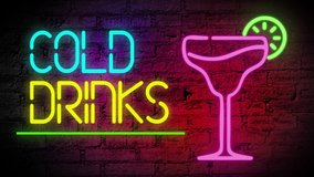 Neon sign Cold Drinks turning on and off blinking on brick wall with bright colors