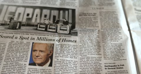 Staten Island, New York  United States - November 9 2020: Newspaper Coverage of the death of TV Show Host, Alex Trebek. Jeopardy's Host dies at age 80, 1940-2020.